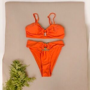 Orange Two Piece Bikini Set with Metal Ring High Waist - Size M